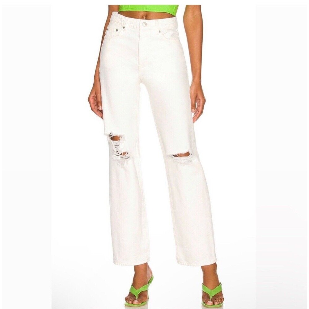 Lovers and Friends Jeans White Ryan Straight Leg High Rise Rigid Distress Denim